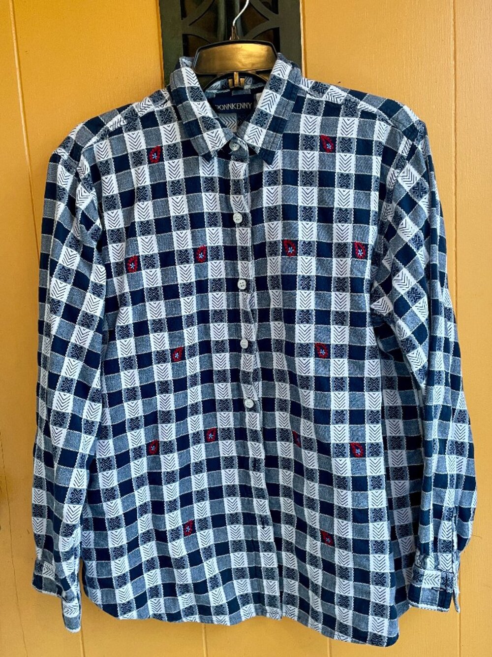 VINTAGE Novelty Plaid with Red Paisley Cotton Button Up